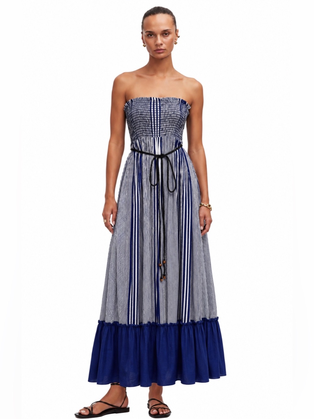 Akualani Blue White Striped Maxi Dress Smocked Strapless Nautical Coastal Size M